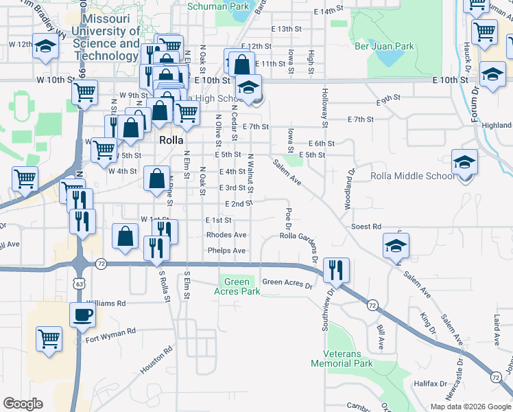map of restaurants, bars, coffee shops, grocery stores, and more near 506 East 2nd Street in Rolla