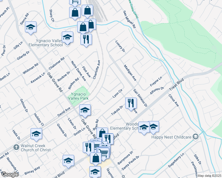 map of restaurants, bars, coffee shops, grocery stores, and more near 2725 Waltrip Lane in Concord