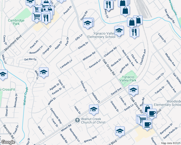 map of restaurants, bars, coffee shops, grocery stores, and more near 1900 Keswick Lane in Concord