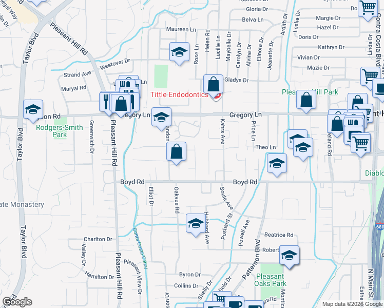 map of restaurants, bars, coffee shops, grocery stores, and more near 104 Hopeco Road in Pleasant Hill