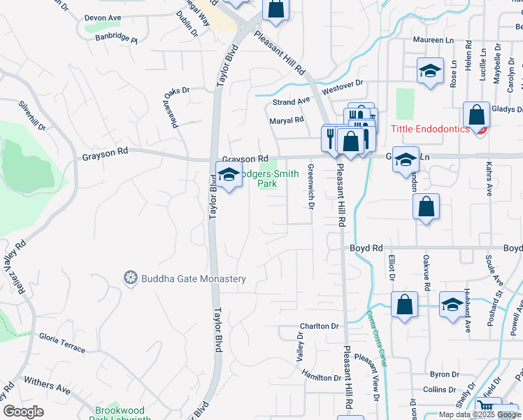 map of restaurants, bars, coffee shops, grocery stores, and more near 21 Cortsen Court in Pleasant Hill