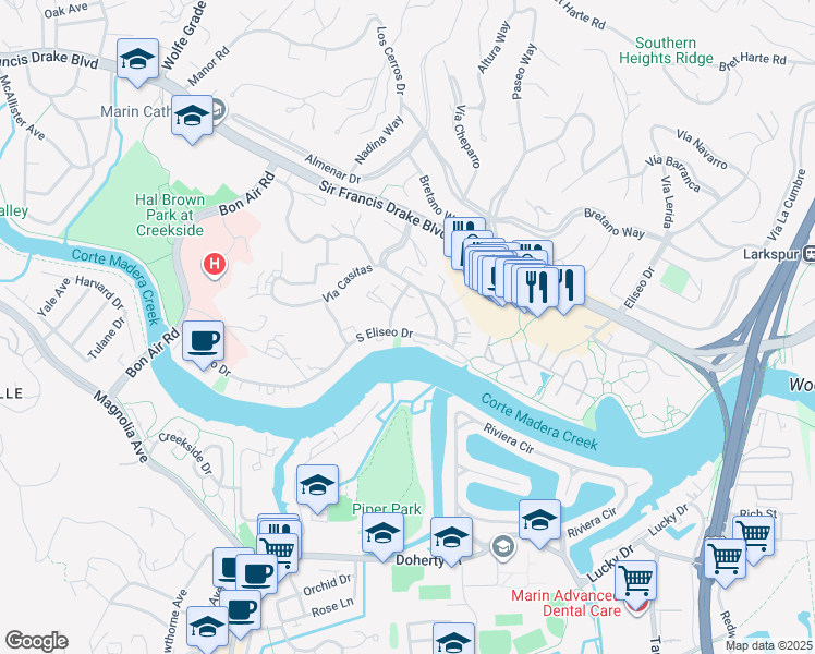 map of restaurants, bars, coffee shops, grocery stores, and more near 588 Vía Belardo in Larkspur