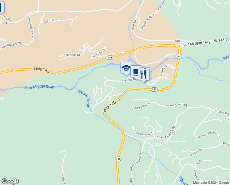 map of restaurants, bars, coffee shops, grocery stores, and more near 101 Timberline Court in Telluride