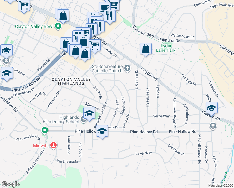 map of restaurants, bars, coffee shops, grocery stores, and more near 5533 Montana Drive in Concord