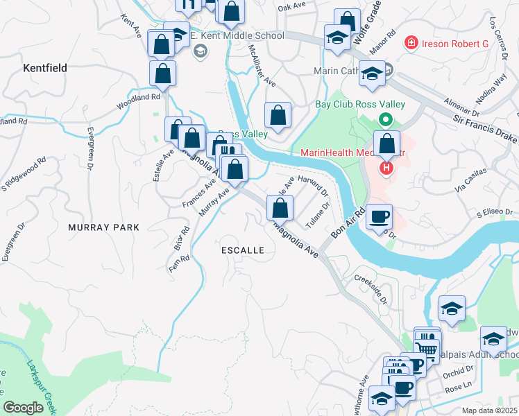 map of restaurants, bars, coffee shops, grocery stores, and more near 12 Escalle Lane in Larkspur