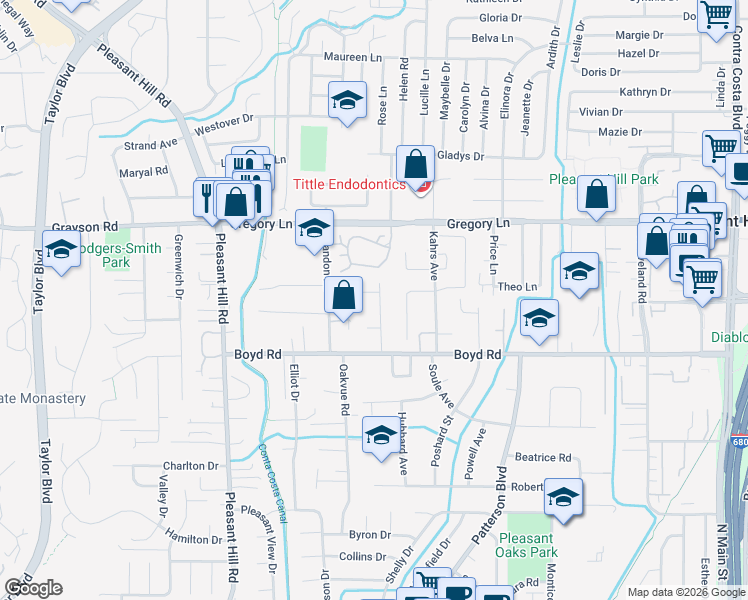 map of restaurants, bars, coffee shops, grocery stores, and more near 104 Hopeco Road in Pleasant Hill