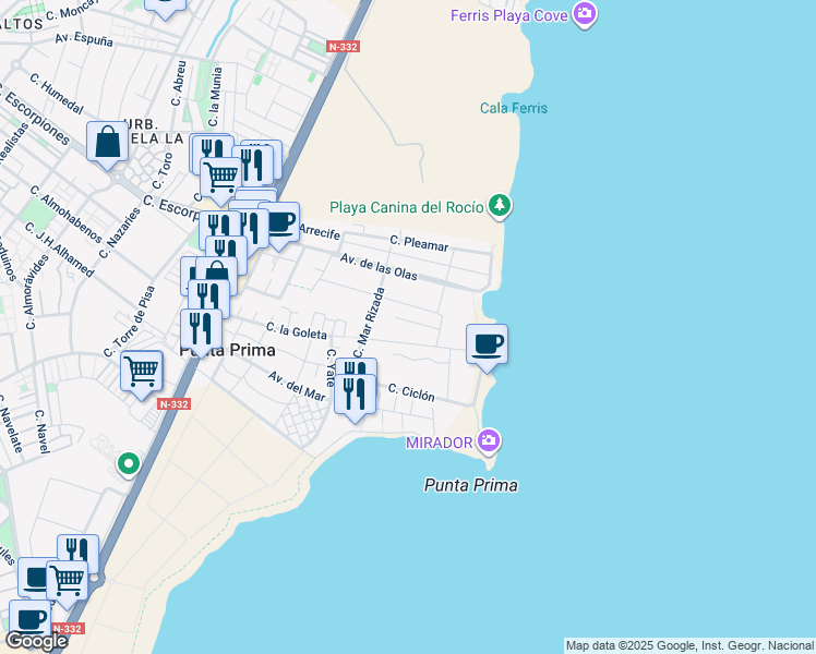 map of restaurants, bars, coffee shops, grocery stores, and more near Urbanización Punta Prima in Torrevieja