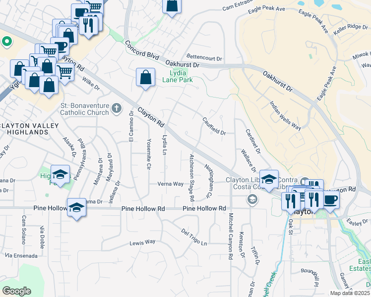 map of restaurants, bars, coffee shops, grocery stores, and more near 50 Nottingham Place in Clayton