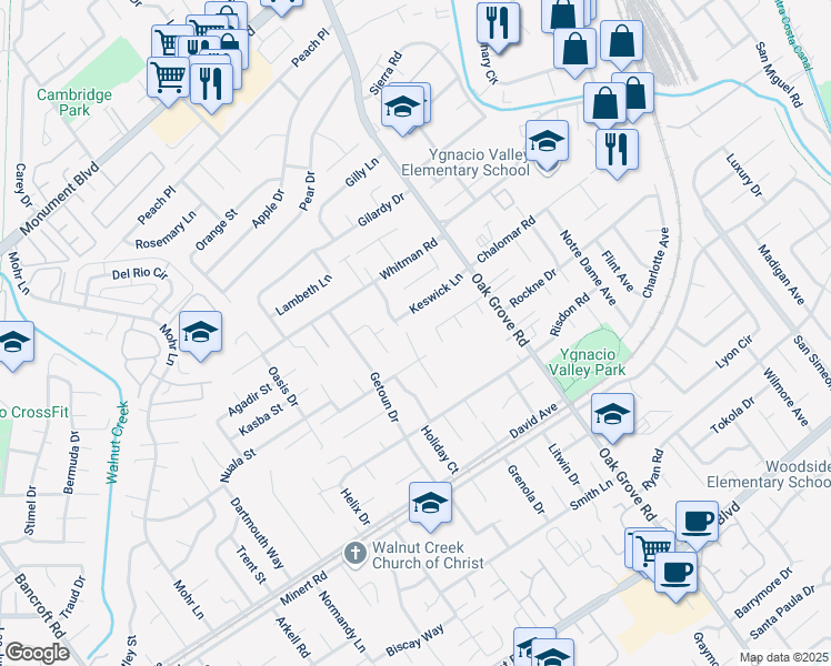 map of restaurants, bars, coffee shops, grocery stores, and more near 1900 Keswick Lane in Concord