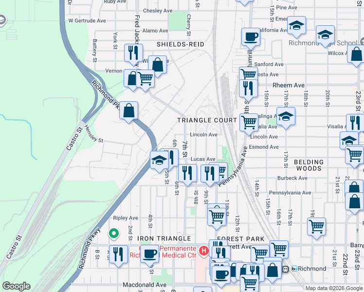 map of restaurants, bars, coffee shops, grocery stores, and more near 852 7th Street in Richmond