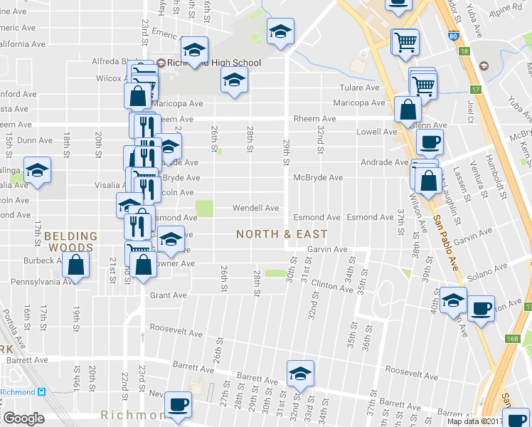 map of restaurants, bars, coffee shops, grocery stores, and more near 2839 Esmond Avenue in Richmond