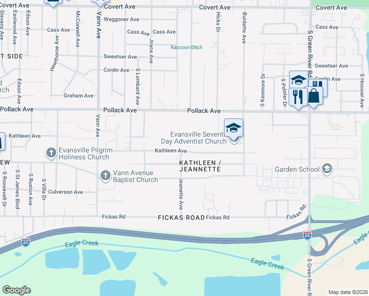 map of restaurants, bars, coffee shops, grocery stores, and more near 3800 Kathleen Avenue in Evansville