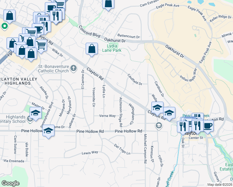 map of restaurants, bars, coffee shops, grocery stores, and more near 50 Nottingham Place in Clayton