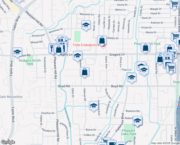 map of restaurants, bars, coffee shops, grocery stores, and more near 104 Hopeco Road in Pleasant Hill