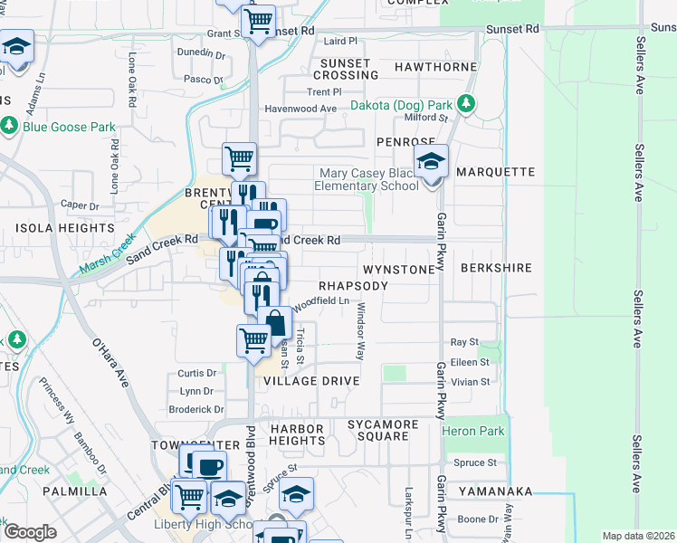 map of restaurants, bars, coffee shops, grocery stores, and more near 199 Scott Creek Way in Brentwood