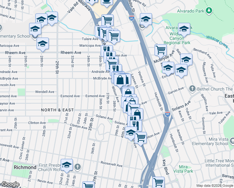 map of restaurants, bars, coffee shops, grocery stores, and more near 911 Wilson Avenue in Richmond