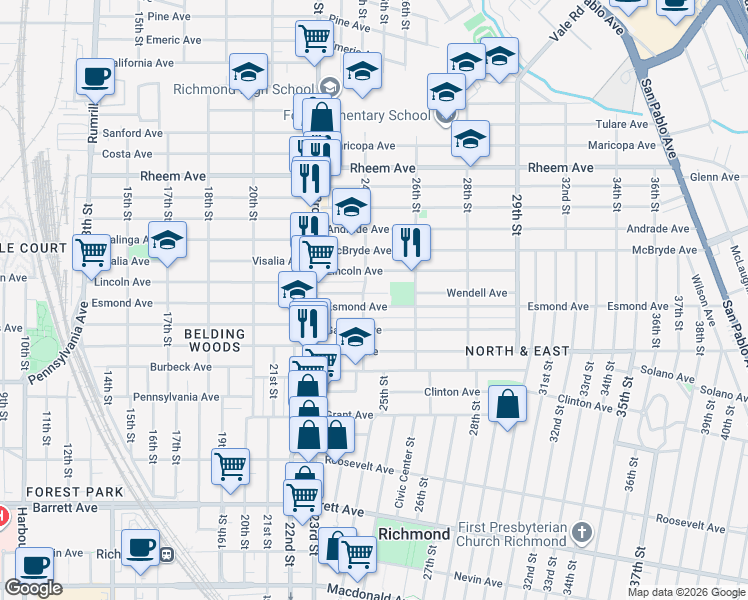 map of restaurants, bars, coffee shops, grocery stores, and more near 2417 Esmond Avenue in Richmond