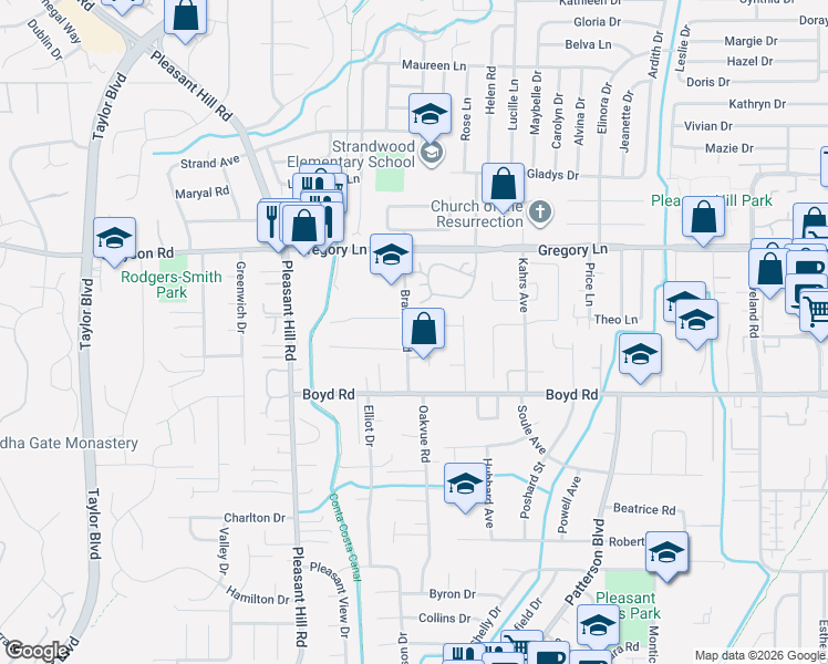 map of restaurants, bars, coffee shops, grocery stores, and more near 104 Brandon Road in Pleasant Hill