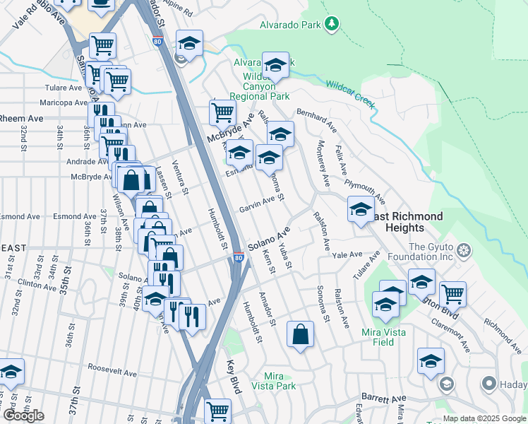 map of restaurants, bars, coffee shops, grocery stores, and more near 789 Yuba Street in Richmond