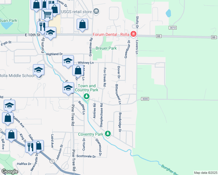 map of restaurants, bars, coffee shops, grocery stores, and more near 1600 Pilgrim Place in Rolla