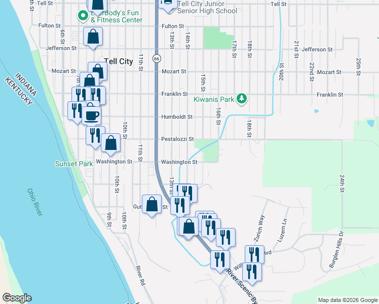 map of restaurants, bars, coffee shops, grocery stores, and more near 300-398 14th Street in Tell City