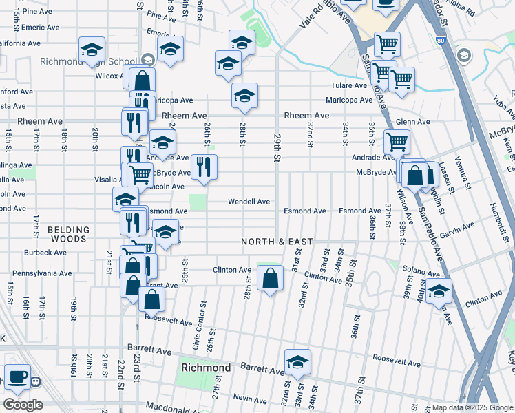 map of restaurants, bars, coffee shops, grocery stores, and more near 2839 Esmond Avenue in Richmond