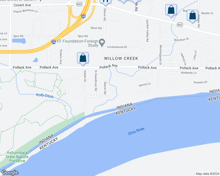 map of restaurants, bars, coffee shops, grocery stores, and more near 6077 County Road 1080 West in Newburgh