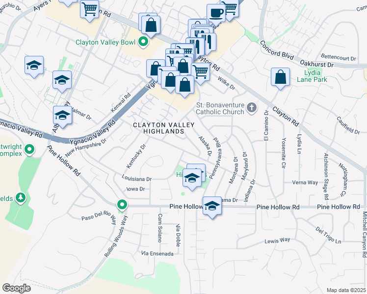 map of restaurants, bars, coffee shops, grocery stores, and more near 5515 Michigan Boulevard in Concord