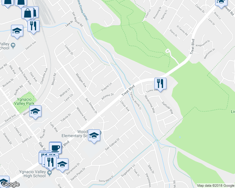 map of restaurants, bars, coffee shops, grocery stores, and more near 3350 Alfonso Drive in Concord