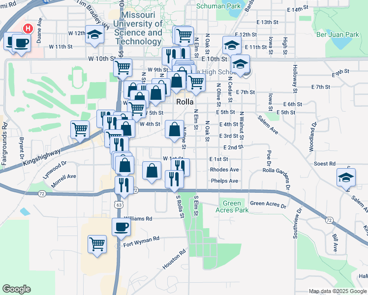 map of restaurants, bars, coffee shops, grocery stores, and more near 200 North Pine Street in Rolla