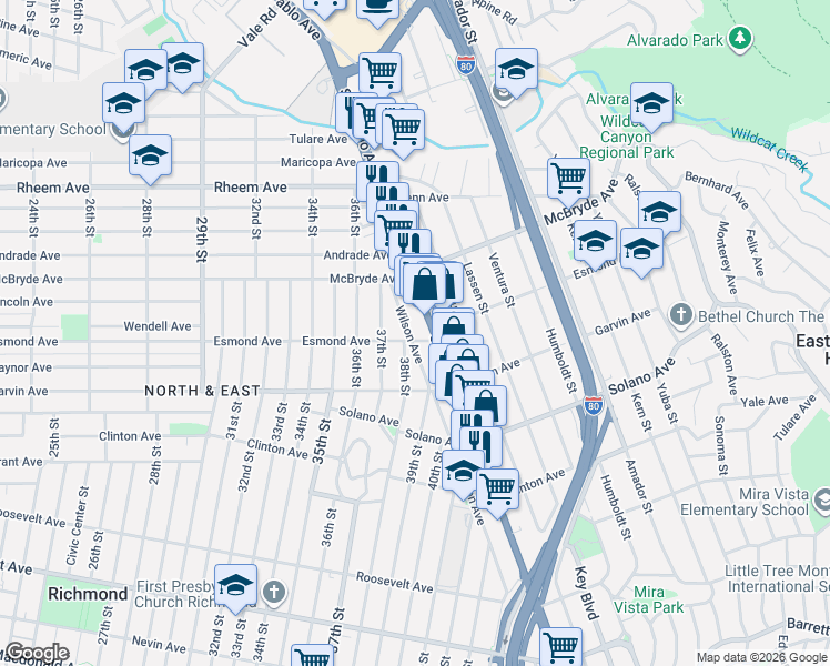 map of restaurants, bars, coffee shops, grocery stores, and more near 911 Wilson Avenue in Richmond