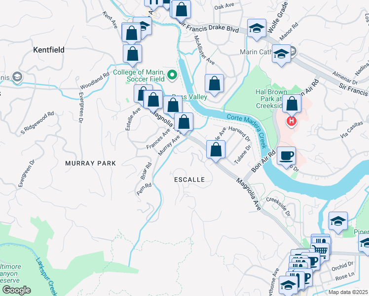 map of restaurants, bars, coffee shops, grocery stores, and more near 965 Magnolia Avenue in Larkspur