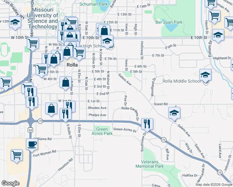 map of restaurants, bars, coffee shops, grocery stores, and more near 506 East 2nd Street in Rolla