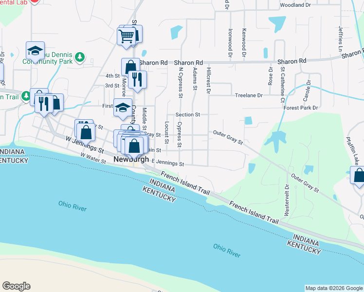 map of restaurants, bars, coffee shops, grocery stores, and more near 207 Cypress Street in Newburgh