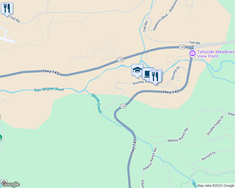 map of restaurants, bars, coffee shops, grocery stores, and more near 456 San Miguel Ridge in San Miguel County
