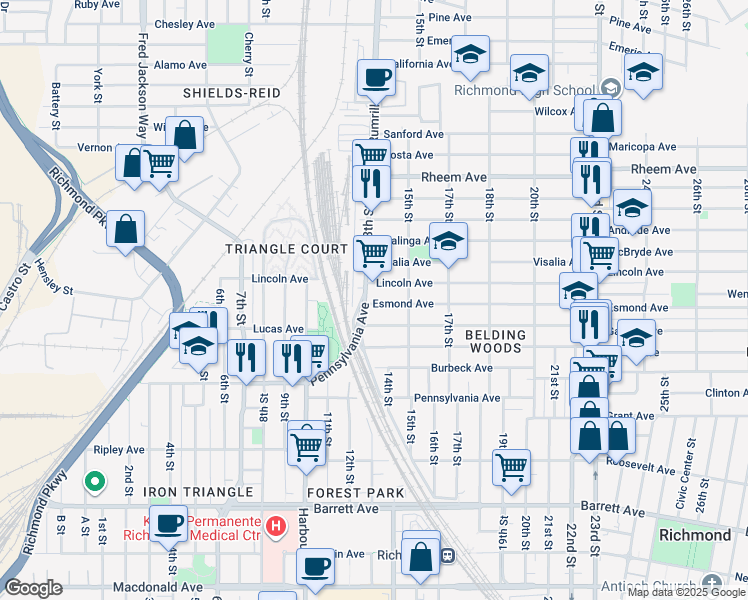 map of restaurants, bars, coffee shops, grocery stores, and more near 1317 Esmond Avenue in Richmond