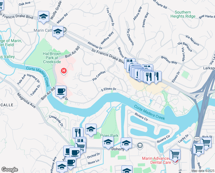 map of restaurants, bars, coffee shops, grocery stores, and more near 15 Vía Belardo in Larkspur
