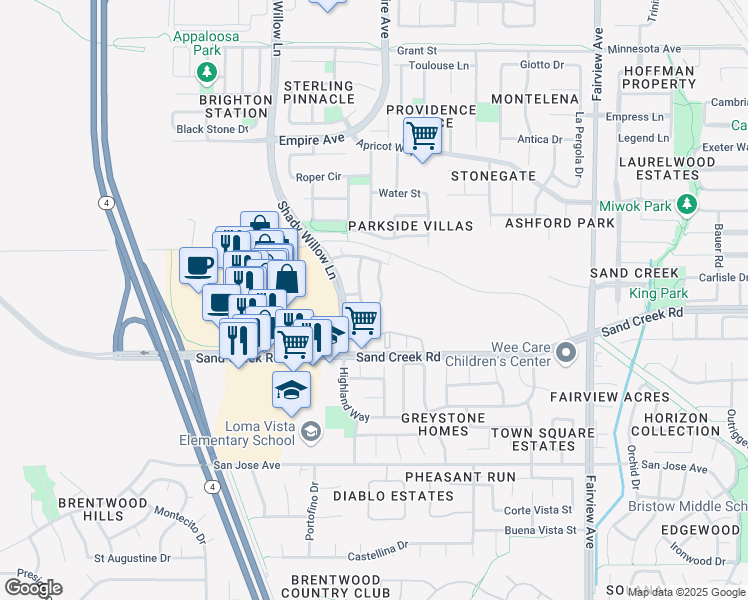 map of restaurants, bars, coffee shops, grocery stores, and more near 1935 Las Colinas Drive in Brentwood