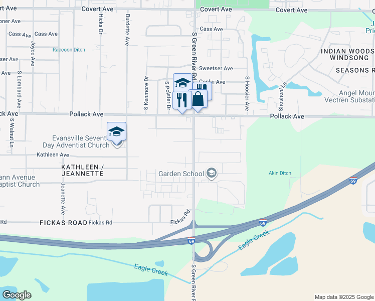map of restaurants, bars, coffee shops, grocery stores, and more near 2315 South Green River Road in Evansville