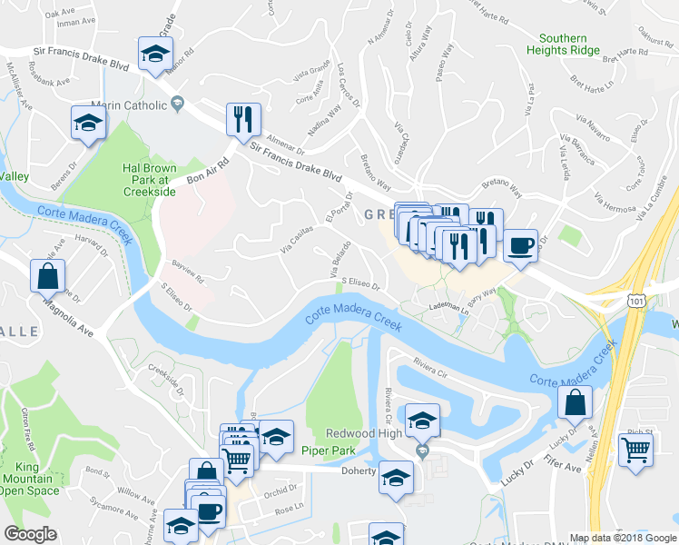 map of restaurants, bars, coffee shops, grocery stores, and more near 588 Vía Belardo in Larkspur
