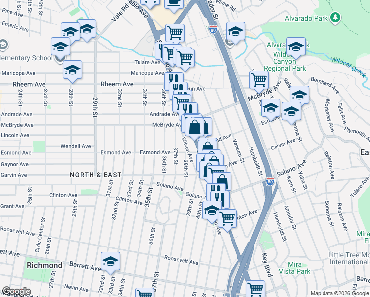 map of restaurants, bars, coffee shops, grocery stores, and more near 911 Wilson Avenue in Richmond