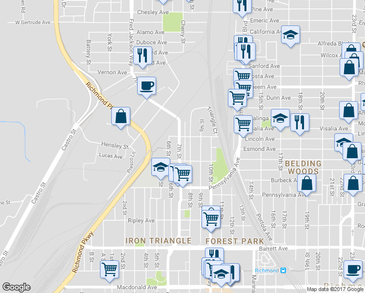 map of restaurants, bars, coffee shops, grocery stores, and more near 852 7th Street in Richmond