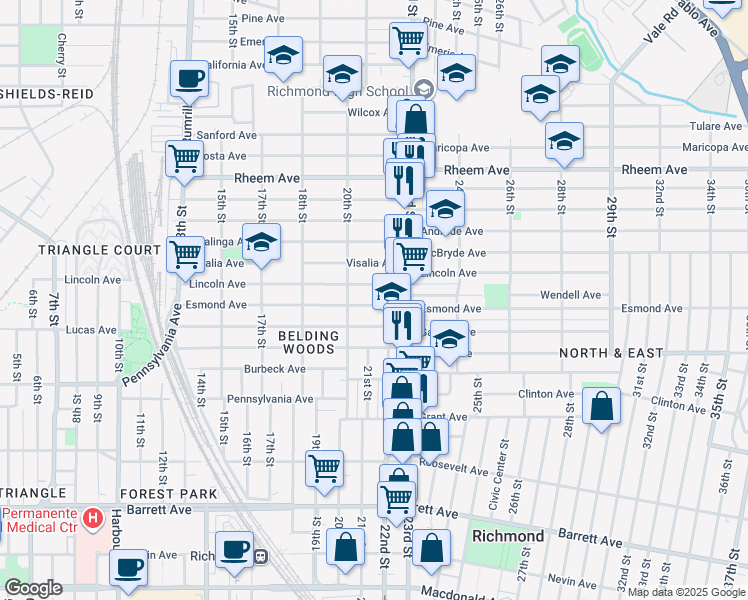 map of restaurants, bars, coffee shops, grocery stores, and more near 2109 Esmond Avenue in Richmond