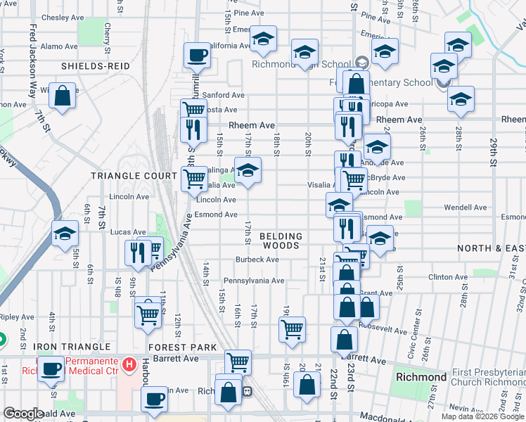 map of restaurants, bars, coffee shops, grocery stores, and more near 1737 Esmond Avenue in Richmond