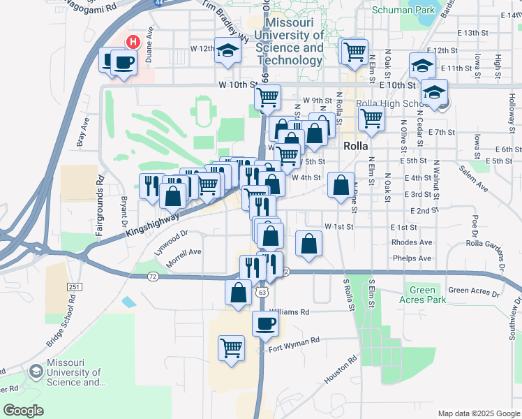 map of restaurants, bars, coffee shops, grocery stores, and more near 201 North Bishop Avenue in Rolla