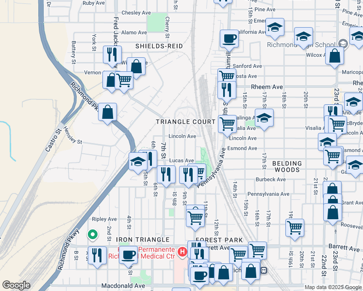 map of restaurants, bars, coffee shops, grocery stores, and more near 855 9th Street in Richmond
