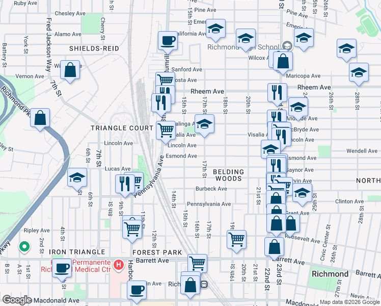 map of restaurants, bars, coffee shops, grocery stores, and more near 1521 Esmond Avenue in Richmond