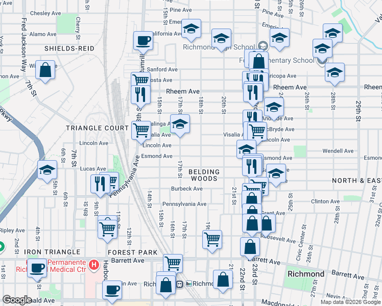 map of restaurants, bars, coffee shops, grocery stores, and more near 1737 Esmond Avenue in Richmond