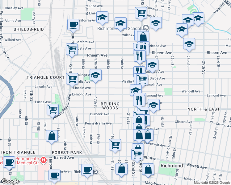 map of restaurants, bars, coffee shops, grocery stores, and more near 1905 Esmond Avenue in Richmond