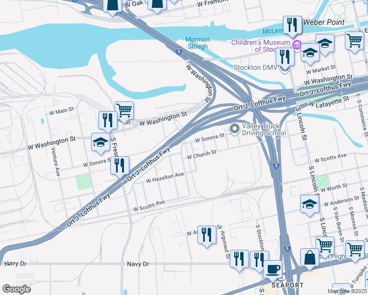 map of restaurants, bars, coffee shops, grocery stores, and more near 408 Garfield Avenue in Stockton